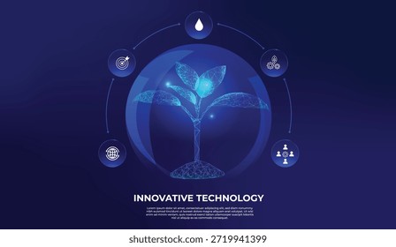 Seedling emerging from a translucent glass sphere. Protection and the ecology of the natural environment. It features technological and biotechnological icons, responsible innovation and care nature