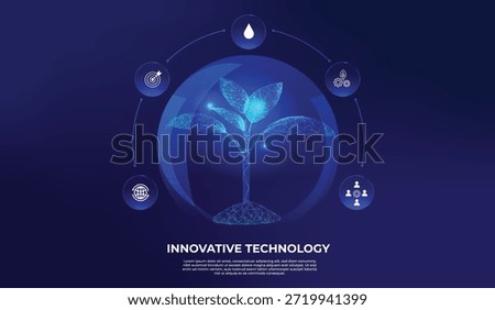 Seedling emerging from a translucent glass sphere. Protection and the ecology of the natural environment. It features technological and biotechnological icons, responsible innovation and care nature