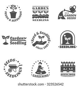 Seedling farming and garden black label set isolated vector illustration