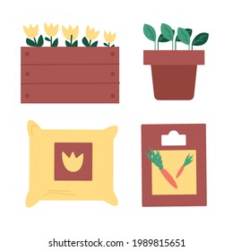 Seedling. Flower and garden seeds and fertilizers minimal flat style icons set. Simple vector illustration.