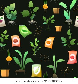 Seedling garden plants with roots. Sowing agricultural material. Vegetables fruits. Sunflower seeds. Seamless pattern. Vector.