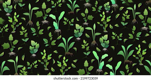 Seedling garden plants with roots. Sowing agricultural material. Seamless pattern. Vector