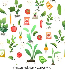 Seedling garden plants with roots and Sunflower seeds. Vegetables fruits. Sowing agricultural material. Seamless pattern. Isolated on white background. Vector.