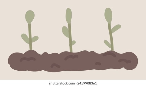 Plántulas que crecen en el suelo del jardín en diseño plano. Proceso de cultivo de verduras. Ilustración vectorial aislada.