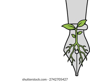 Seedling growing from a pen nib, symbolizing creative writing, new ideas, and the power of words to nurture growth.