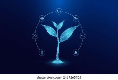 Plántula que crece del suelo fértil del polígono en la placa de circuito electrónico. Con el dióxido de carbono del oxígeno del icono del agua H2O y de la nube, del sol. Vector.