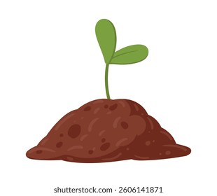 Seedling growing in soil. Green sprout with green leaves, small gardening plant flat vector illustration. Organic gardening plant