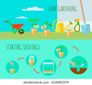 Seedling horizontal banners set with home gardening symbols flat isolated vector illustration