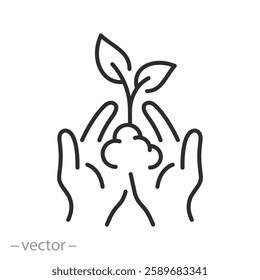 seedling icon, seedlings in hands, thin line vector illustration