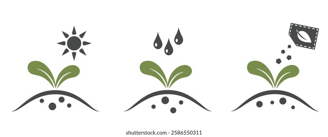 Seedling icon set. Planting, plant sprout watering and fertilize symbols. Isolated vector image