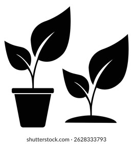 Seedling icon, vector. Seedling vector silhouette, plant pot icon. Sapling sign and symbol. Plant with two leaves vector.  Ecology icon, vector illustration.