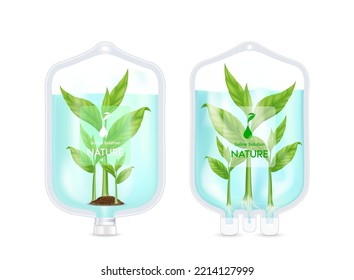 Seedling With Leaf Green In Saline Bag Solution Drip Nature Isolated On White Background. Vitamin Iv Fluid Intravenous Care Chemotherapy. Medical Health Care Concept. Realistic 3D Vector.