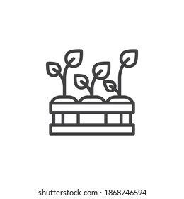 Seedling plants in box line icon. linear style sign for mobile concept and web design. Growing plant in crate outline vector icon. Symbol, logo illustration. Vector graphics