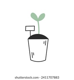 Seedling in a pot doodle illustration. Hand drawn gardening icon. Growth sign. Planting symbol. Germination vector line art on white background