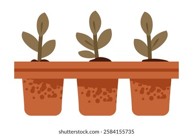 Seedling in a pot, renewal and sustainability.  Organic gardening concepts. Flat vector illustration.