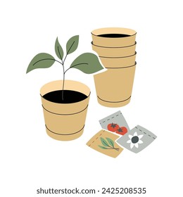 Seedling pots with seeds sachets and abstract plant branch. Vector illustration isolated on white background. Modern flat design.