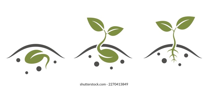 Conjunto de semillas y germinación de semillas. siembra y símbolo de plantación. imagen vectorial aislada en estilo simple