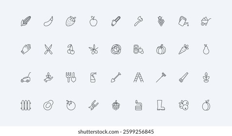 Seedling in soil and garden plant growth, pesticide, lawn mower thin black outline symbols vector illustration. Gardening and farming, harvest, farmer and gardener equipment line icon set