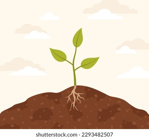 A seedling sprouting from the ground. Flat vector illustration