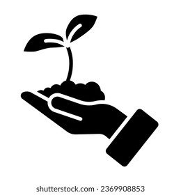 Seedling with two leaves in hand solid icon, gardening concept, Sprout symbol on white background, Young growth in soil on human hand icon in glyph style, mobile concept. Vector graphics