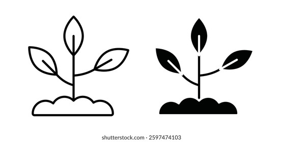 Seedling vector icon set black filled and outlined style.