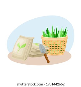 Seedling or Young Plant and Garden Inventory with Iron Spade and Fertilizer Vector Composition