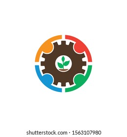 Seedlings around mechanical gear and people vector symbol