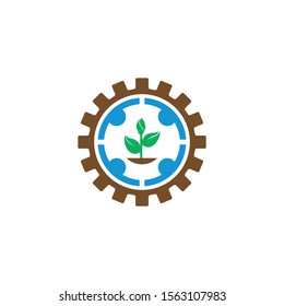 Seedlings around mechanical gear and people vector symbol