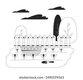 Seedlings basket and shovel in kitchen garden black and white flat line illustration. Growing plants for food manufacturing 2D lineart scene isolated. Farm life monochrome vector outline image