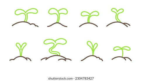 Seedlings in dirt heaps set. Vector color line illustration isolated on white background.
