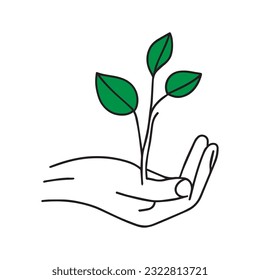 Las plántulas crecen en manos de los árboles. Medio ambiente Día de la Tierra esbozar arte vector. Concepto de crecimiento y amor a la tierra. Ilustración dibujada a mano. Vector