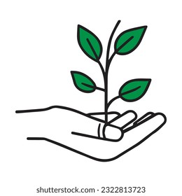 Seedlings grow in the hands of trees. Environment Earth Day outline vector art. Concept of growing and love earth. Hand-drawn illustration. Vector