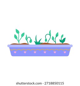 Seedlings growing in a pot with hearts, vector illustration. Cute minimal design symbolizing growth, gardening, and eco friendly lifestyle. Perfect for spring themes.