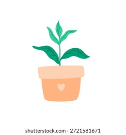 Plántulas creciendo en una olla con corazones, Ilustración vectorial. Lindo diseño minimalista que simboliza el crecimiento, la jardinería y el estilo de vida ecológico. Perfecto para temas de primavera.