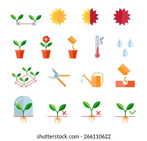 Seedlings and planting flat vector icons set