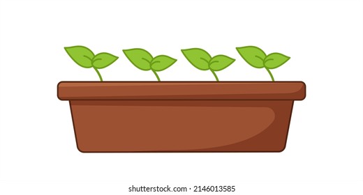 Semillas en olla. Guardería de flores. Ilustración vectorial sobre fondo blanco en estilo de caricatura