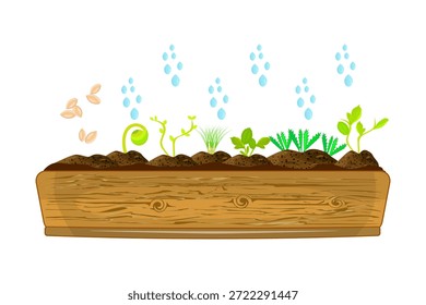 Plántulas en maceta de germinación aisladas sobre fondo blanco. Plántulas emergentes en bandeja de retoño. Brotes vegetales jóvenes que crecen en el suelo en maceta. Cultivar brotes verdes de plantas para jardín. Jardinería de primavera, horticultura, concepto de fitomejoramiento. Ilustración vectorial de stock