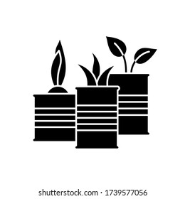 Semillas en latas. Plantas de silueta en latas. Icono de reciclaje de esquema. Simple ilustración negra del huerto en el viento, hierbas cultivadas. Fondo blanco de imagen vectorial aislada plana. Tema del desperdicio cero