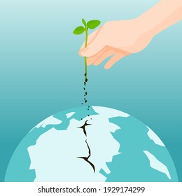 Las plántulas fueron extraídas del mundo, el concepto de conservación de la naturaleza. Que el último árbol estaba siendo destruido por la mano humana, la ilustración vectorial y el diseño plano.