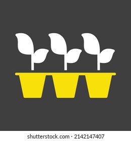 Seedlings or young plants growing in plastic pot isolated vector glyph icon. Graph symbol for agriculture, garden and plants web site and apps design, logo, app, UI