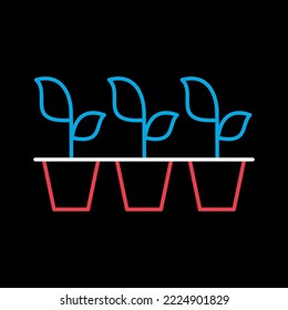 Semillas o plantas jóvenes que crecen en vectores plásticos de maceta sobre icono de fondo negro. Símbolo gráfico para agricultura, jardín y plantas sitio web y diseño de aplicaciones, logotipo, aplicación, interfaz de usuario