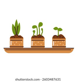 Seedlings of young plants and vegetables grown in the ground in a pot. Green plant sprouts. Vector illustration in a flat style, isolated on a white background