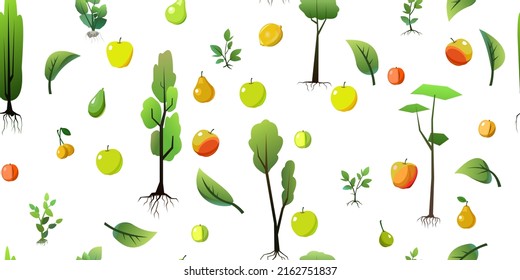 Seedlings of young trees with roots. Garden plants. Ripe fruits plantings. Isolated on white background. Seamless pattern. Vector.