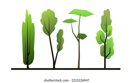 Seedlings of young trees with roots. Garden plants. Fruit plantings. Isolated on white background. Vector.