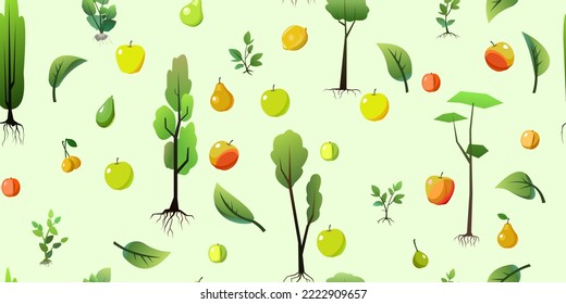 Seedlings of young trees with roots. Garden plants. Fruit plantings. Seamless pattern. Vector