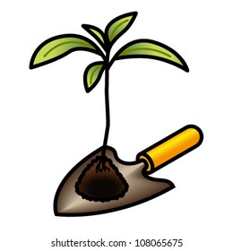 A seedling/sapling on a trowel ready for transplantation/re-potting.