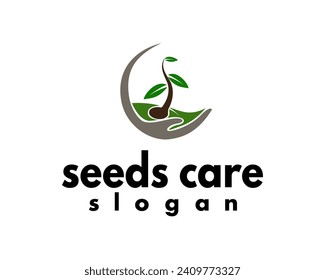 plantilla de diseño de logotipo de cuidado de semillas 
icono de semillas y manos circulares