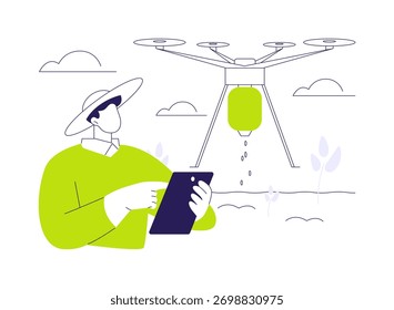 Drones de plantio de sementes conceito abstrato vetor ilustração. Agricultor com tablet controla drones de plantio de sementes, inovação na agricultura, tecnologia moderna, metáfora abstrata de cultivo robótico.