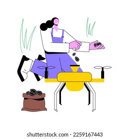Drones sembradores de semillas aislaron ilustraciones de vectores de dibujos animados. El hombre se ocupa de la siembra de semillas, la industria de la agricultura inteligente, la agricultura de precisión, mejorar la cartografía de los vectores de rendimiento agrícola.