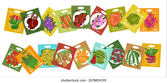 Seeds in bags of flowers and vegetables in a bright colored style. In a row there are packages with seeds for creating frames and framing banners. On the topic of spring planting.